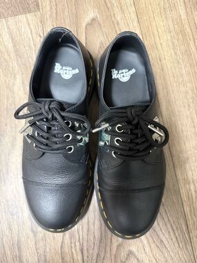 Dr. Martens Black Leather Derby Shoes with Yellow Stitching